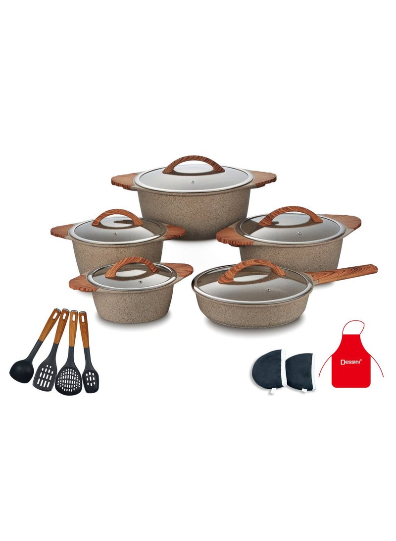 DESSINI 17-Piece Non Stick Granite Cookware Set 20/24/28/32Cm Casserole, 28Cm Shallow Casserole- PFOA Free - 2030 beige 