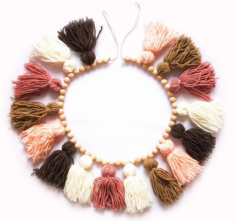 Decocove Tassel Garland  Boho Tassel Garland with Wood Beads  Wall Decor for Dorm Girls Room and Nursery Room 43 inch  Blush and Terra Cotta