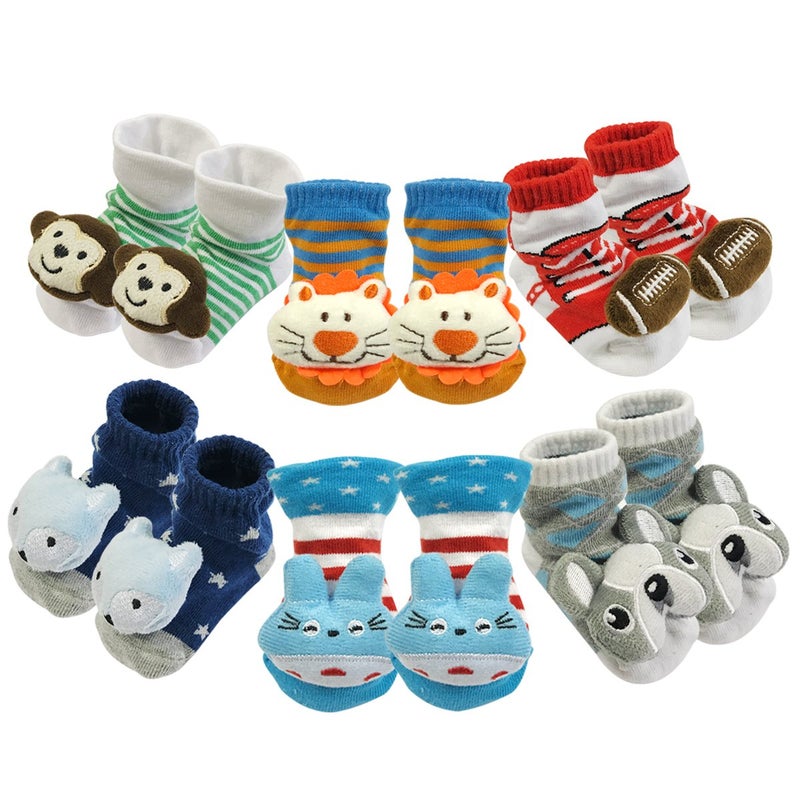 Bowbear Adorable Baby 6 Pair Non-Skid Puffy Animal Face Bootie Socks - Image 1