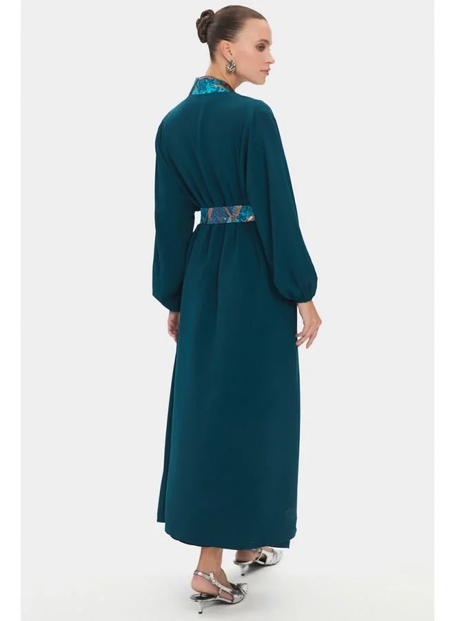 JUNE June Women Rim Detail Balloon Sleeve Belted Maxi Abaya Teal