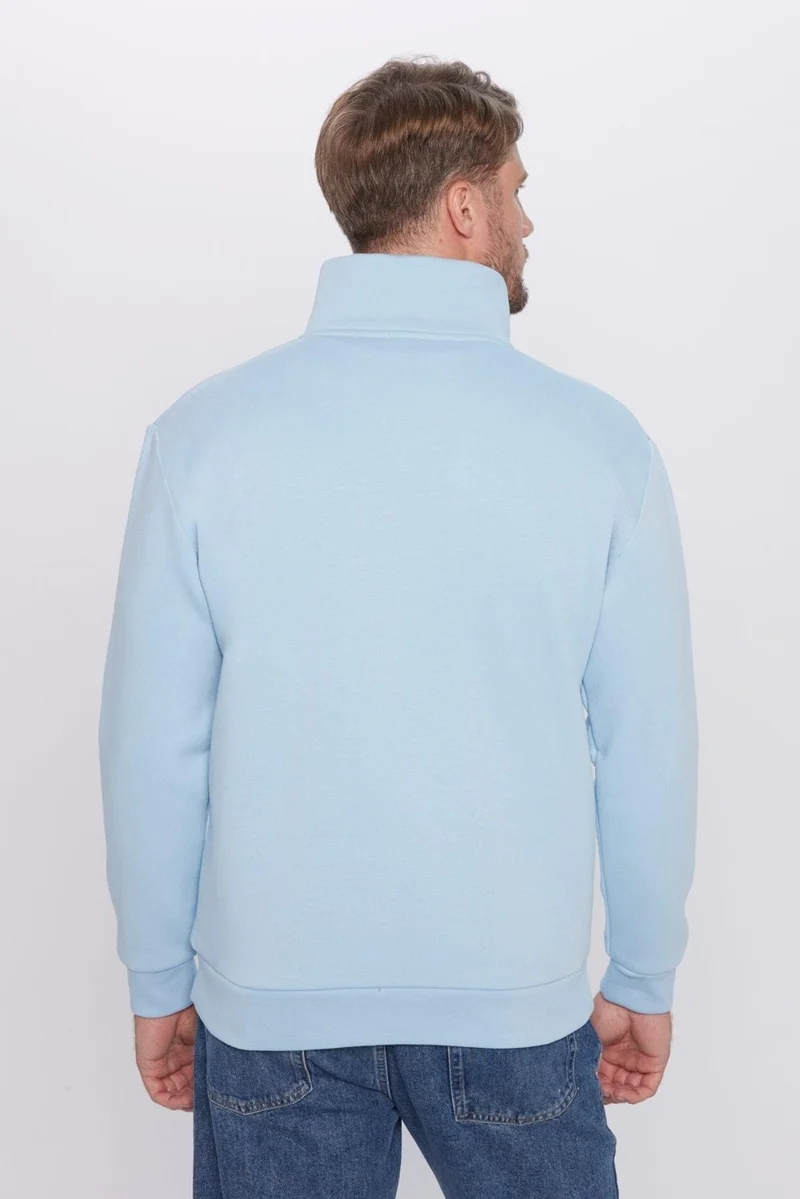 Tudors Unisex Relax Fit Comfortable Cut Cotton Polar Fleece Half Zipper Blue Stand Collar Sweatshirt