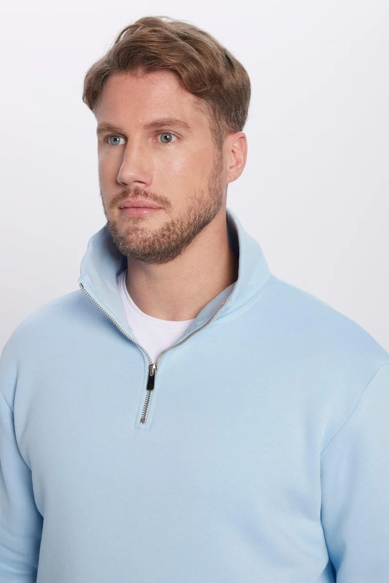 Tudors Unisex Relax Fit Comfortable Cut Cotton Polar Fleece Half Zipper Blue Stand Collar Sweatshirt
