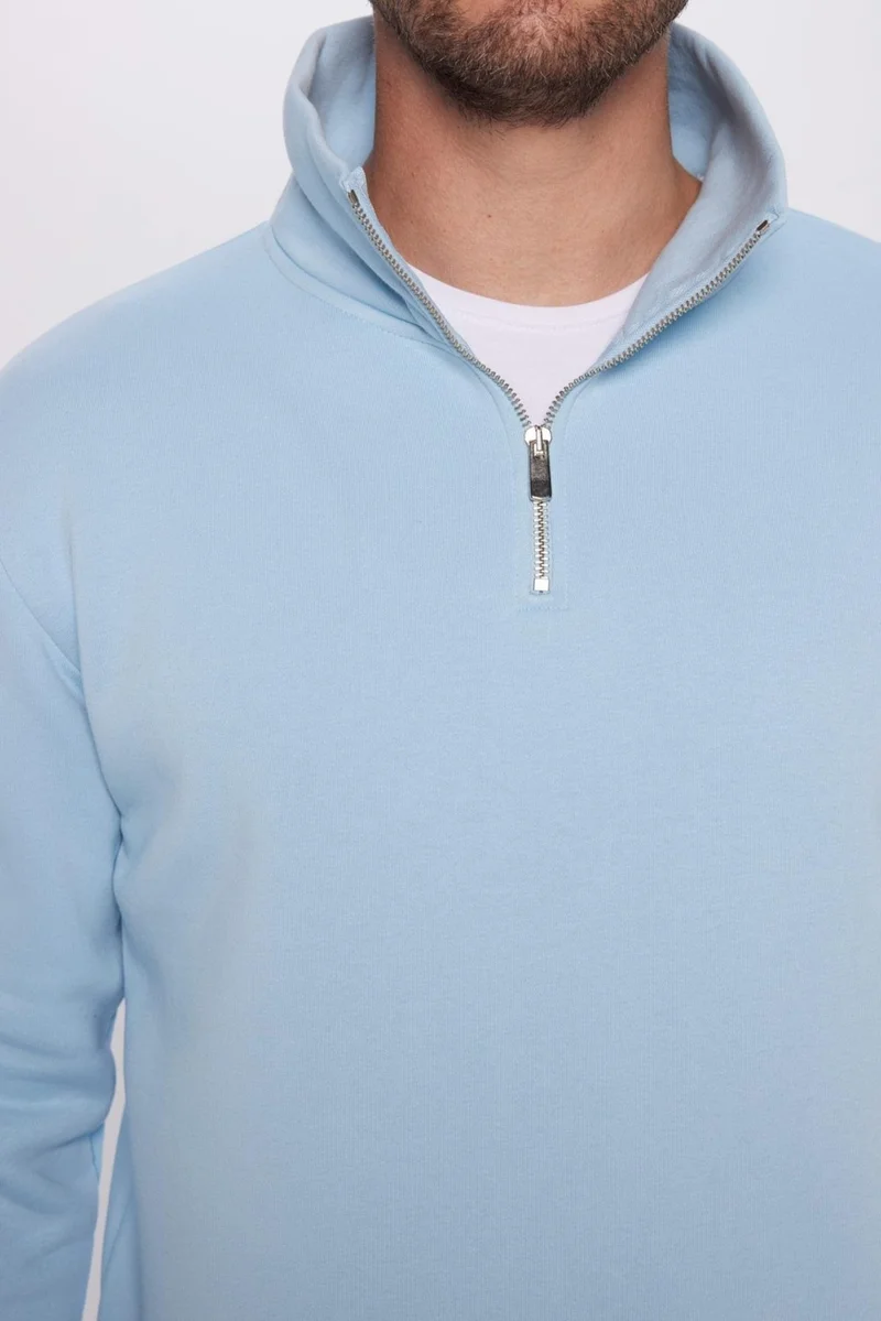 Tudors Unisex Relax Fit Comfortable Cut Cotton Polar Fleece Half Zipper Blue Stand Collar Sweatshirt