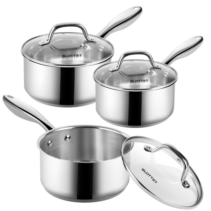 SLOTTET 1Qt & 2Qt & 3QT Stainless Steel Sauce Pan Set with Lid,6 Pcs Non Stick Saucepan,Small Kitchen Pots,Induction Compatible,PFOA FREE - Image 1