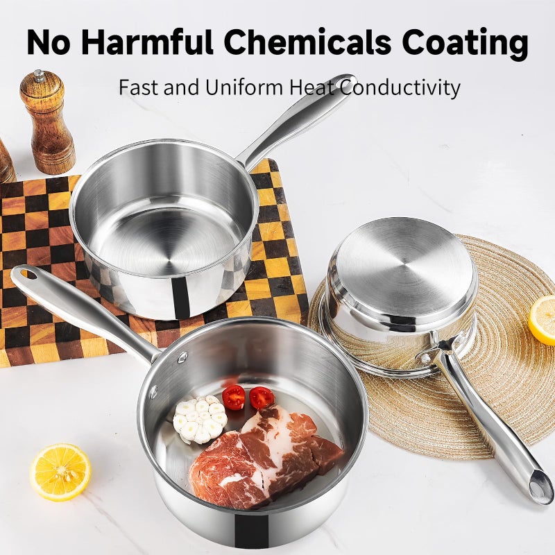 SLOTTET 1Qt & 2Qt & 3QT Stainless Steel Sauce Pan Set with Lid,6 Pcs Non Stick Saucepan,Small Kitchen Pots,Induction Compatible,PFOA FREE - Image 2