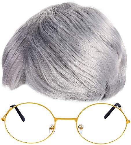 Beefunny Old Man Wig and Glasses Grandpa Costume Accessories Inflatable Walking Cane 100th Day of School Starter Kit (SILVER) - Image 3