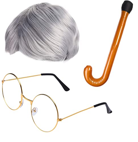 Beefunny Old Man Wig and Glasses Grandpa Costume Accessories Inflatable Walking Cane 100th Day of School Starter Kit (SILVER) - Image 1