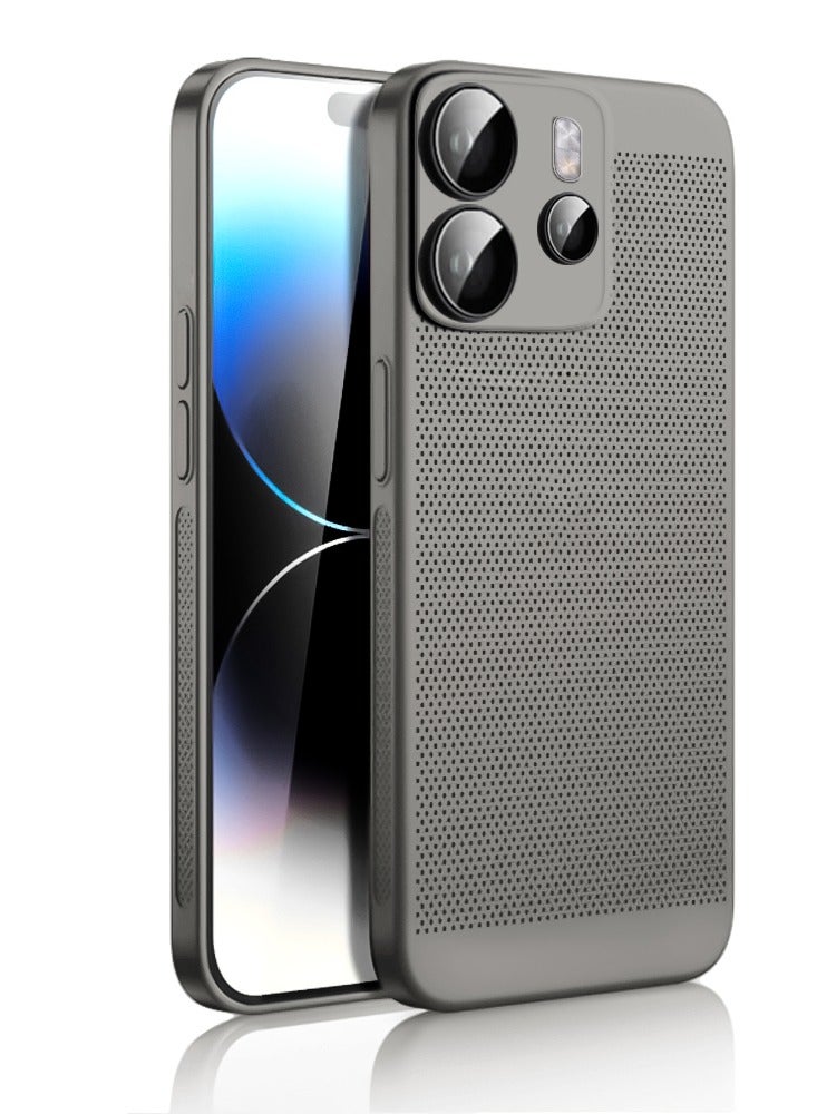 Heat Dissipation Case with Built in Camera Lens Protector Slim Fit Breathable Cooling Anti Fingerprint Hard PC Back Shockproof Cover For Xiaomi Redmi Note 14 4G (Grey)