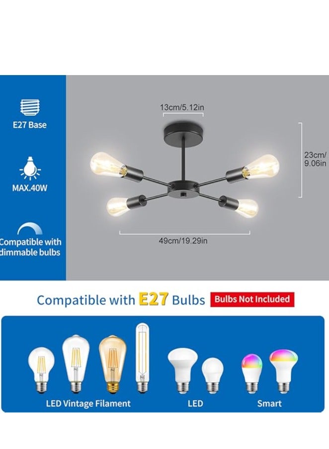Vintage Ceiling Lamp, E27 4 Bulb Pendant Light, Modern Black Chandelier Lamp for Living Room, Dining Room, Kitchen, Hallway, Restaurant, Cafe. - Image 2