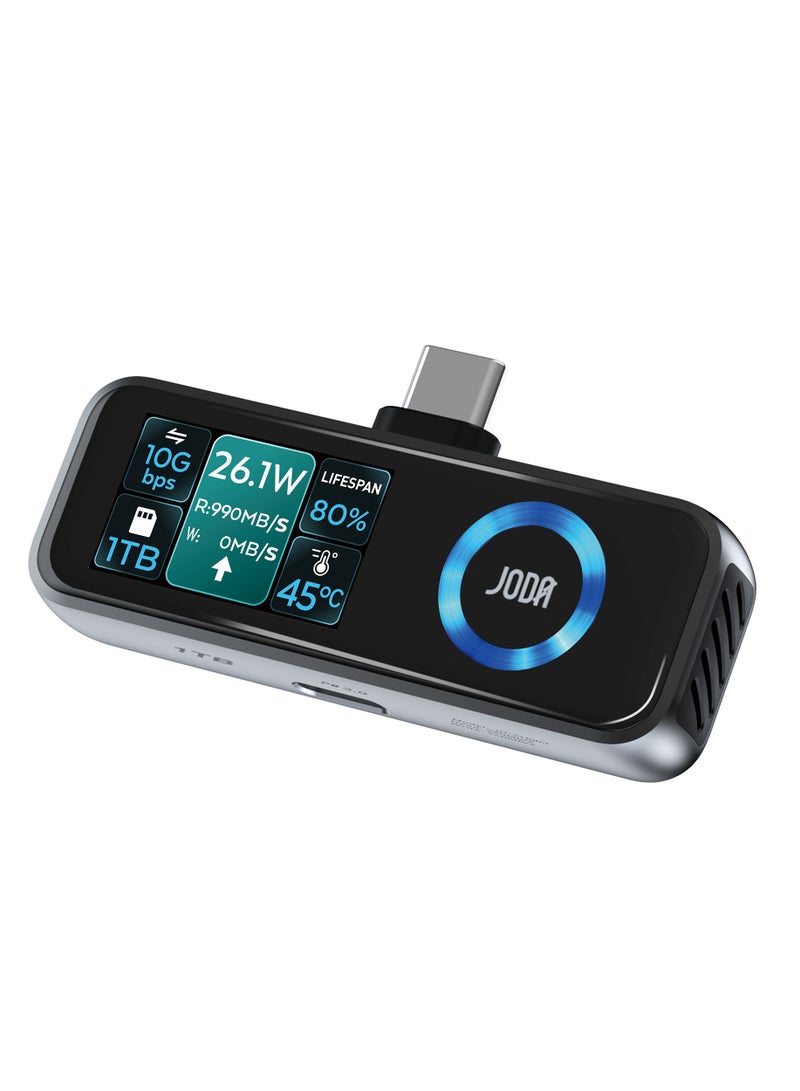 جودا تخزين JODA 1TB محمول SSD USB-C (أسود) – محرك أقراص صلبة خارجي فائق السرعة مع وظيفة محور USB-C متعدد المنافذ، شاشة عرض رقمية ذكية ومروحة مدمجة – قم بتوسيع التخزين والاتصال لأجهزة الكمبيوتر المحمولة والأجهزة اللوحية والمزيد! - Image 1