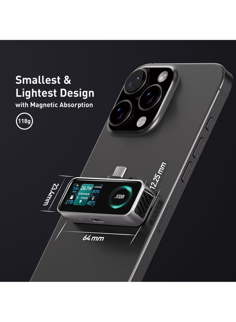 جودا تخزين JODA 1TB محمول SSD USB-C (أسود) – محرك أقراص صلبة خارجي فائق السرعة مع وظيفة محور USB-C متعدد المنافذ، شاشة عرض رقمية ذكية ومروحة مدمجة – قم بتوسيع التخزين والاتصال لأجهزة الكمبيوتر المحمولة والأجهزة اللوحية والمزيد! - Image 3