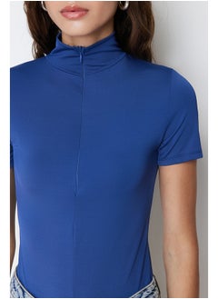 trendyol Dark Indigo Zipper High Neck Zippered Short Sleeve Flexible Snaps Knitted Body TWOAW21BD0009  - Image 5
