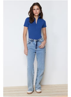 trendyol Dark Indigo Zipper High Neck Zippered Short Sleeve Flexible Snaps Knitted Body TWOAW21BD0009  - Image 2