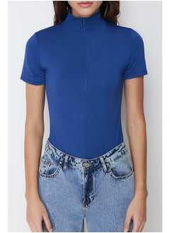trendyol Dark Indigo Zipper High Neck Zippered Short Sleeve Flexible Snaps Knitted Body TWOAW21BD0009  - Image 4