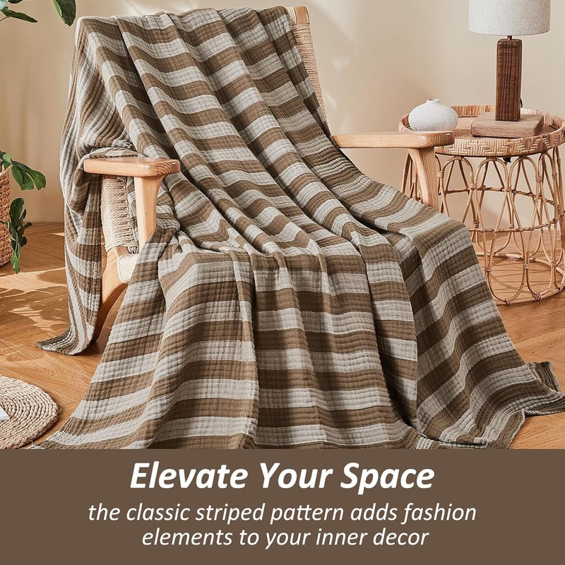 EMME Cotton Muslin Large Throw Blanket Couch Breathable Gauze Soft Lightweight Bed Blankets Adults (Striped Brown, 50"x70") - Image 5