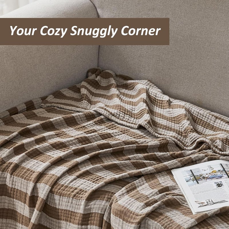 EMME Cotton Muslin Large Throw Blanket Couch Breathable Gauze Soft Lightweight Bed Blankets Adults (Striped Brown, 50"x70") - Image 4