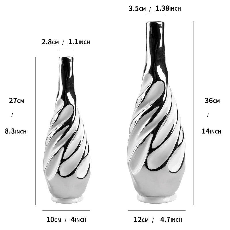 Yundu Ceramic Vase Set of 2, White with Silver, Modern Home DÃ©cor, Living Room, Dried Flowers, 14x6x6 inches - Image 4