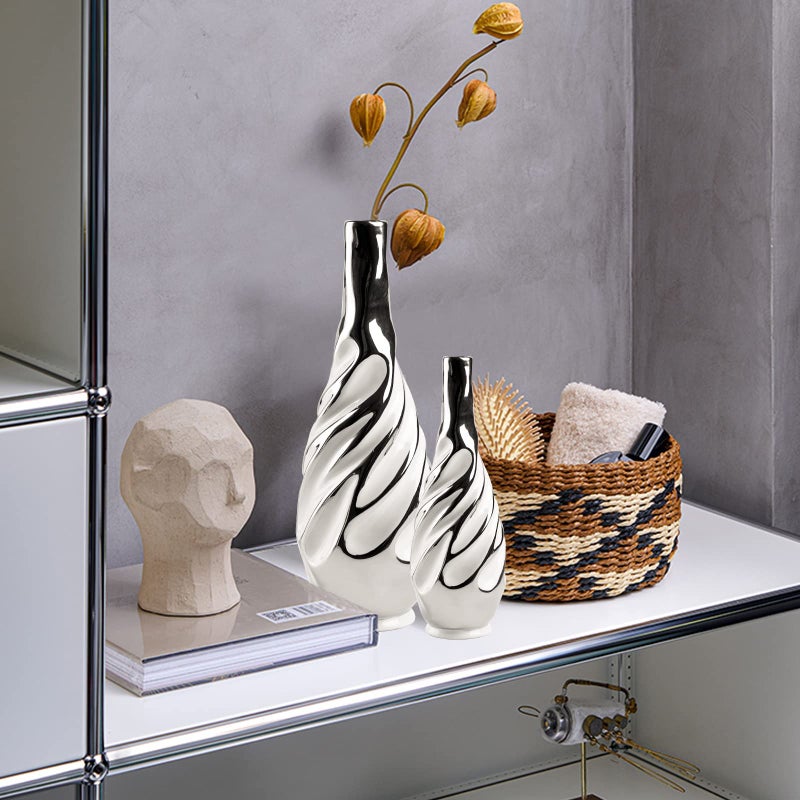 Yundu Ceramic Vase Set of 2, White with Silver, Modern Home DÃ©cor, Living Room, Dried Flowers, 14x6x6 inches - Image 2