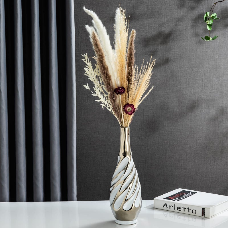 Yundu Ceramic Vase Set of 2, White with Silver, Modern Home DÃ©cor, Living Room, Dried Flowers, 14x6x6 inches - Image 5