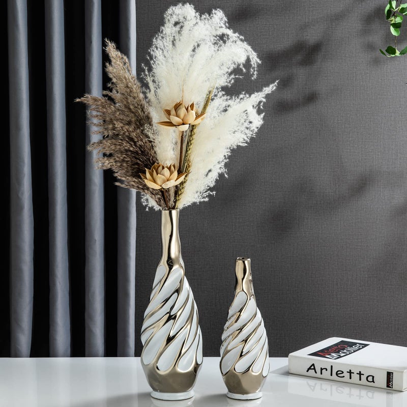 Yundu Ceramic Vase Set of 2, White with Silver, Modern Home DÃ©cor, Living Room, Dried Flowers, 14x6x6 inches - Image 3