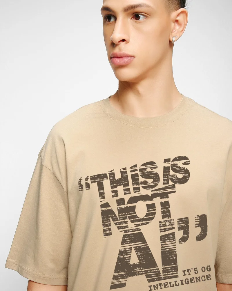 bewakoof Men's Ginger Root Brown Intelligence Typography Oversized T-shirt