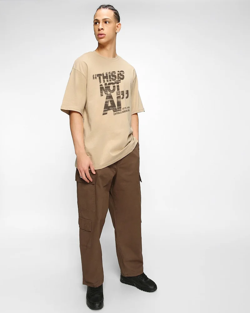 bewakoof  Men's Ginger Root Brown Intelligence Typography Oversized T-shirt for Men | Best Price UAE