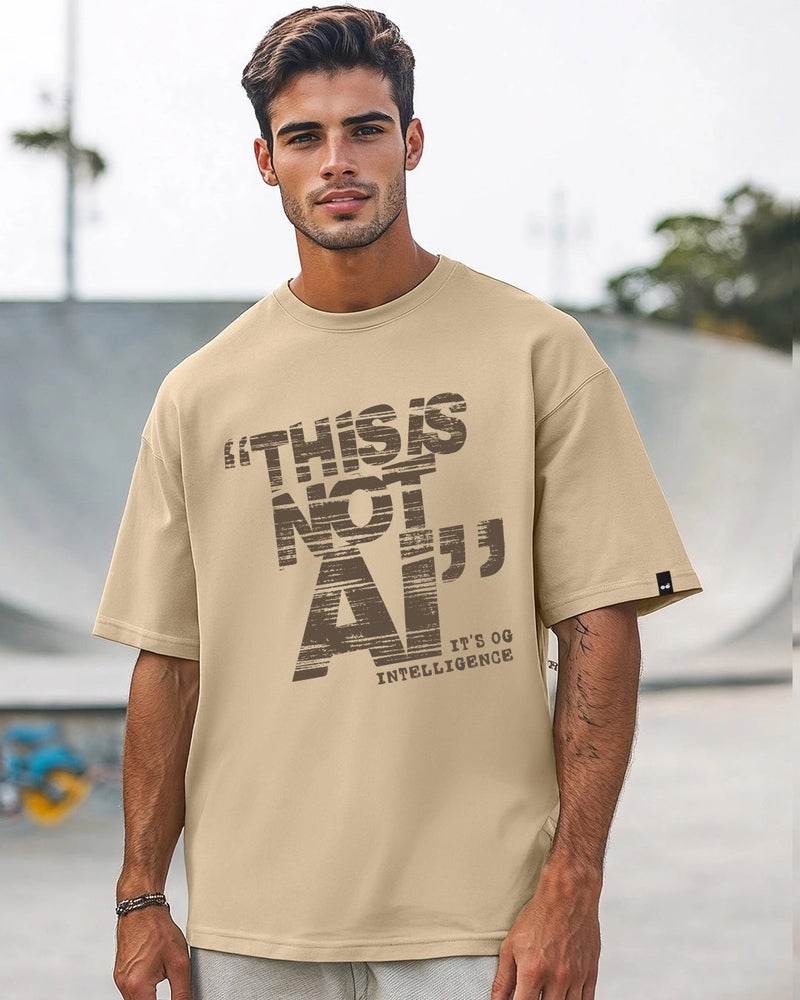 bewakoof Men's Ginger Root Brown Intelligence Typography Oversized T-shirt - Image 1