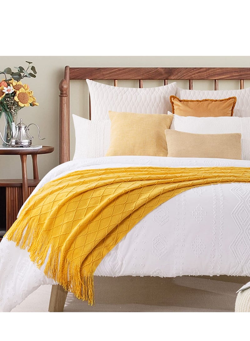 MIXDE Knitted Throw Blankets for Couch and Bed, Soft Cozy Knit Blanket with Tassel, Off White Lightweight Decorative Blankets and Throws, Farmhouse Warm Woven Blanket (yellow, 50"x60") - Image 4