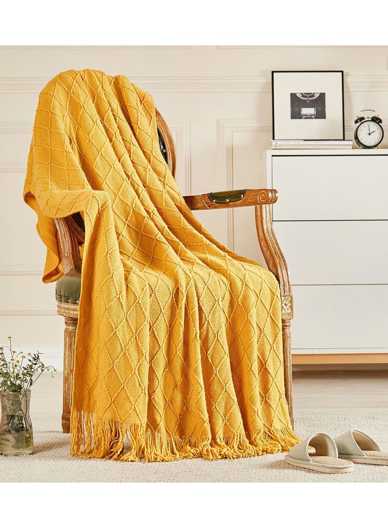 MIXDE Knitted Throw Blankets for Couch and Bed, Soft Cozy Knit Blanket with Tassel, Off White Lightweight Decorative Blankets and Throws, Farmhouse Warm Woven Blanket (yellow, 50"x60") - Image 1