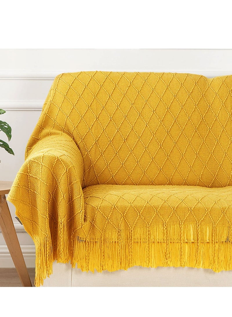 MIXDE Knitted Throw Blankets for Couch and Bed, Soft Cozy Knit Blanket with Tassel, Off White Lightweight Decorative Blankets and Throws, Farmhouse Warm Woven Blanket (yellow, 50"x60") - Image 5