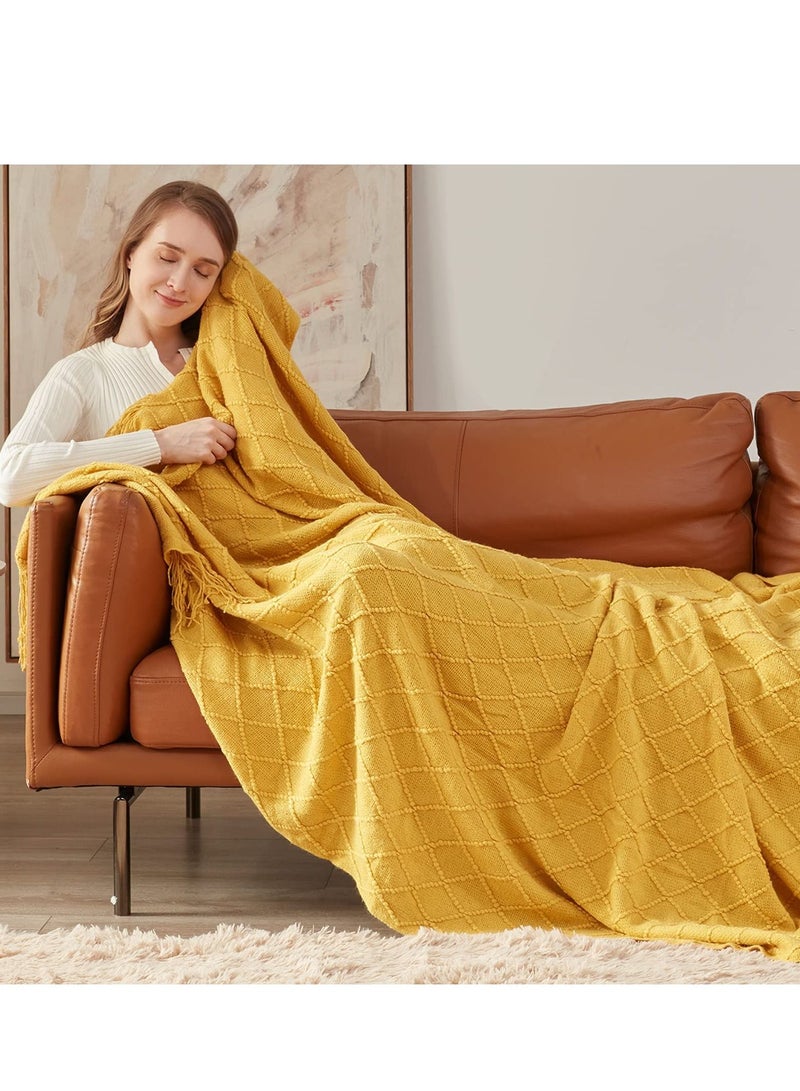 MIXDE Knitted Throw Blankets for Couch and Bed, Soft Cozy Knit Blanket with Tassel, Off White Lightweight Decorative Blankets and Throws, Farmhouse Warm Woven Blanket (yellow, 50"x60") - Image 2
