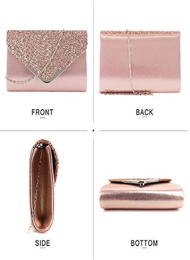 Queena Womens Shiny Glitter Evening Clutch Envelope Handbag Chain Purse for Wedding Party Prom Gift for Mom Wife Girlfriend Rose Gold - Image 5