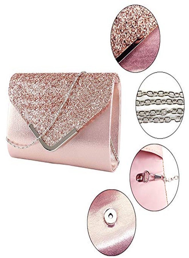 Queena Womens Shiny Glitter Evening Clutch Envelope Handbag Chain Purse for Wedding Party Prom Gift for Mom Wife Girlfriend Rose Gold - Image 4