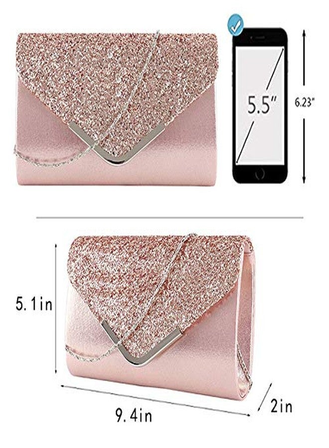 Queena Womens Shiny Glitter Evening Clutch Envelope Handbag Chain Purse for Wedding Party Prom Gift for Mom Wife Girlfriend Rose Gold - Image 3