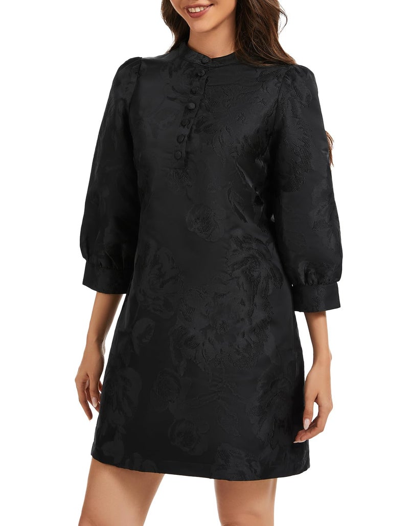 Ladyful Women's Floral Jacquard Shift Dress 2026 Long Puff Sleeve Button Up Elegant Cocktail Party Mini Dress - Image 1