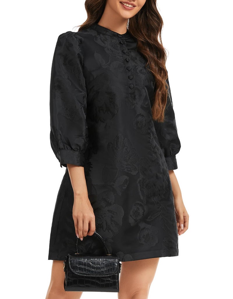 Ladyful Women's Floral Jacquard Shift Dress 2026 Long Puff Sleeve Button Up Elegant Cocktail Party Mini Dress - Image 2