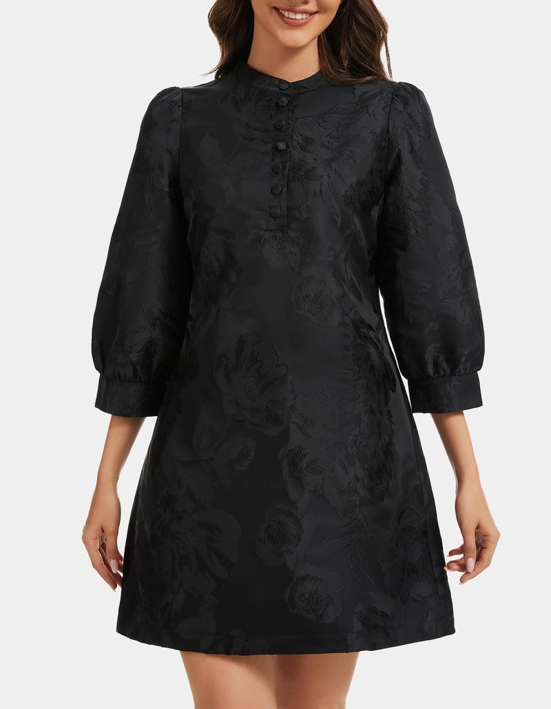 Ladyful Women's Floral Jacquard Shift Dress 2026 Long Puff Sleeve Button Up Elegant Cocktail Party Mini Dress - Image 5