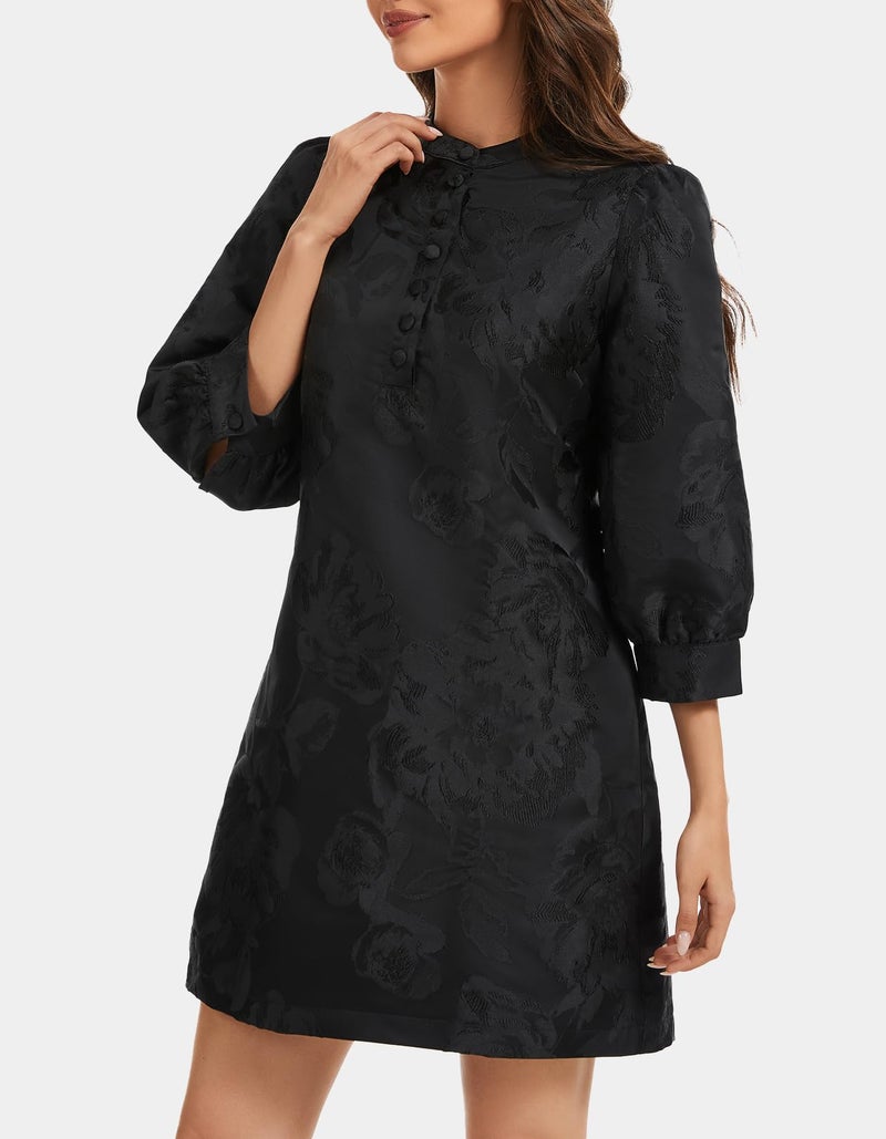 Ladyful Women's Floral Jacquard Shift Dress 2026 Long Puff Sleeve Button Up Elegant Cocktail Party Mini Dress - Image 3