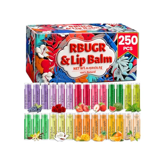 RBUGR 250 Pcs Lip Balm Bulk,12 Fruit Flavored Natural Bulk Lip Balm, Lip Balms Pack with Vitamin E, Lip Balms Gift Set Women Stocking Stuffers Party Favors, Moisturizing&Soothing(4.2g/0.15oz)