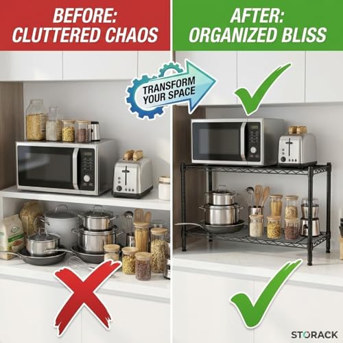 STORACK 2-Tier Low-Height Appliance Stand | 500kg Heavy Duty Storage Rack | Height Adjustable Shelves | Tool-Free Assembly | 68W x 43L x 60H CM | Black Finish | Compact Microwave & Oven Stand - Image 5