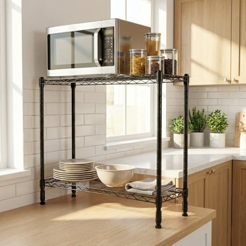 STORACK 2-Tier Low-Height Appliance Stand | 500kg Heavy Duty Storage Rack | Height Adjustable Shelves | Tool-Free Assembly | 68W x 43L x 60H CM | Black Finish | Compact Microwave & Oven Stand - Image 2