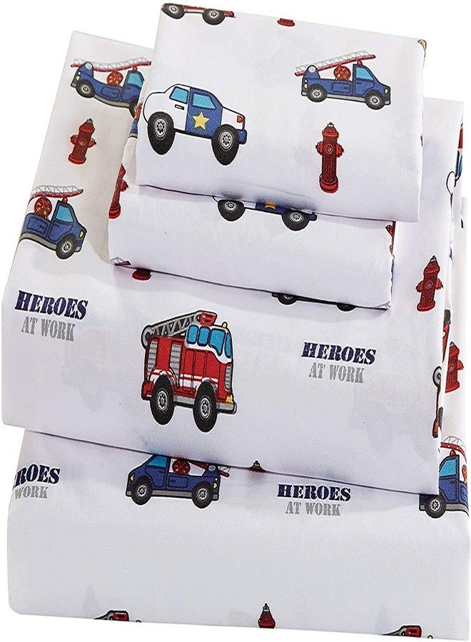 Linen Plus Sheet Set for Kids Heroes Fire Fighter Fire Trucks Police Car Ambulance Paramedic Navy Blue Red White Light Blue Grey Green Flat Sheet Fitted Sheet and Pillow Cases Queen Size New - Image 1