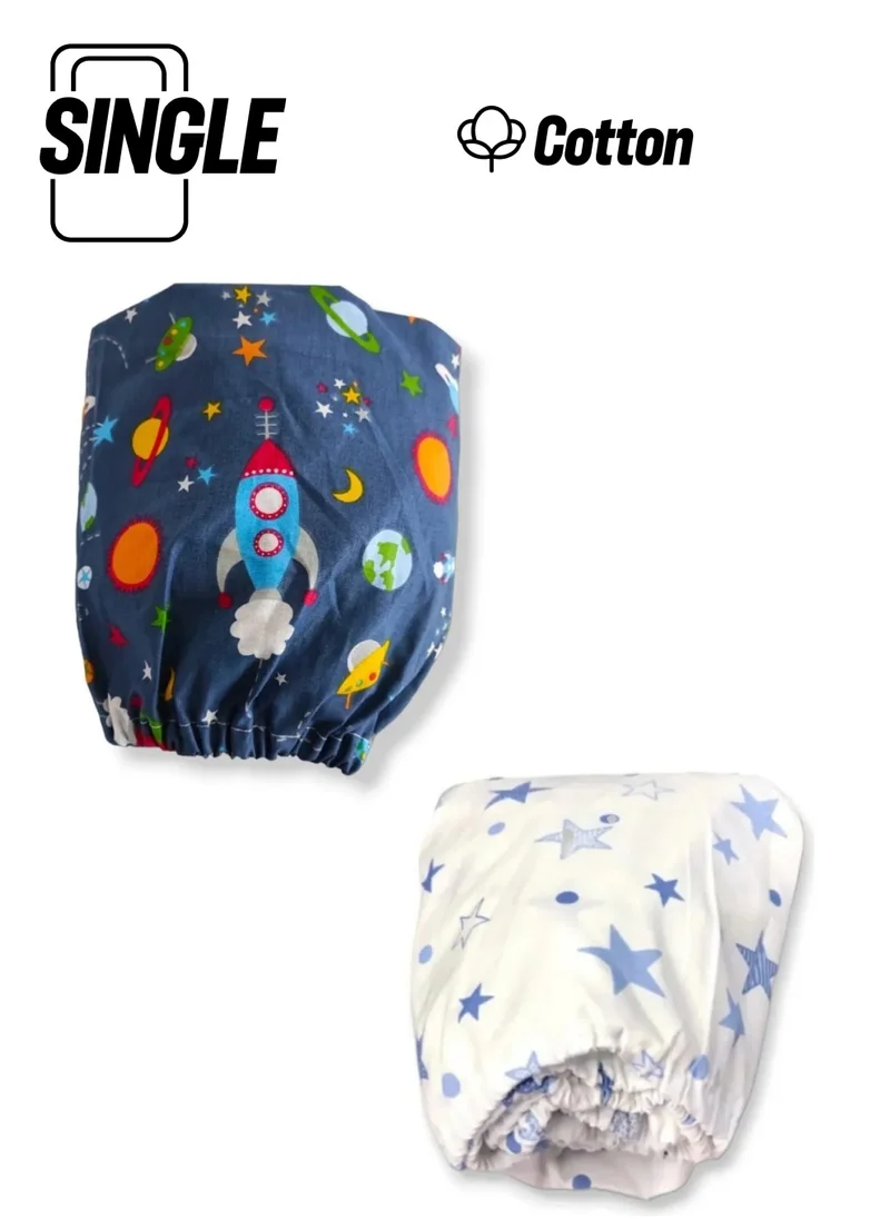 Bebek Özel Baby Special Cotton Baby and Kids Fitted Sheet with Galaxy and Blue Stars 90X190 (2 Pieces)