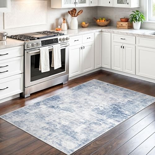 IOHOUZE Abstract Area Rug 3x5 Ft Washable Rugs for Entryway Indoor, Non Slip Kitchen Rug Printed Faux Wool Throw Rugs, Indoor Door Mat for Door Entrance Foyer Living Room, Light Blue Grey - Image 2