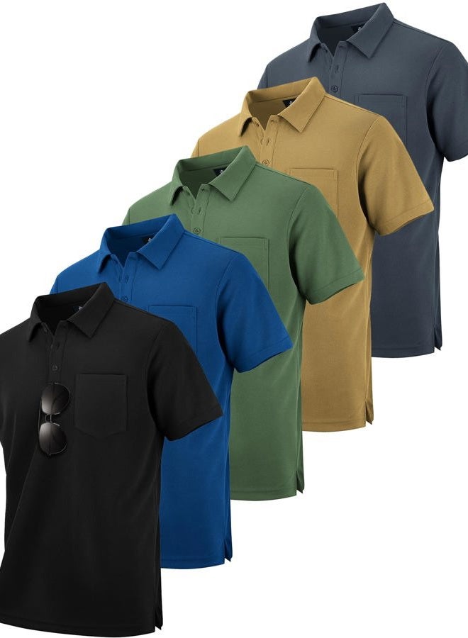 5 Pack Mens Pocket Polo Shirts Short Sleeve Multipack Golf Shirt for Men Moisture Wicking Casual Athletic Work T-Shirts, Grey Khaki Green Blue Black, 3XL