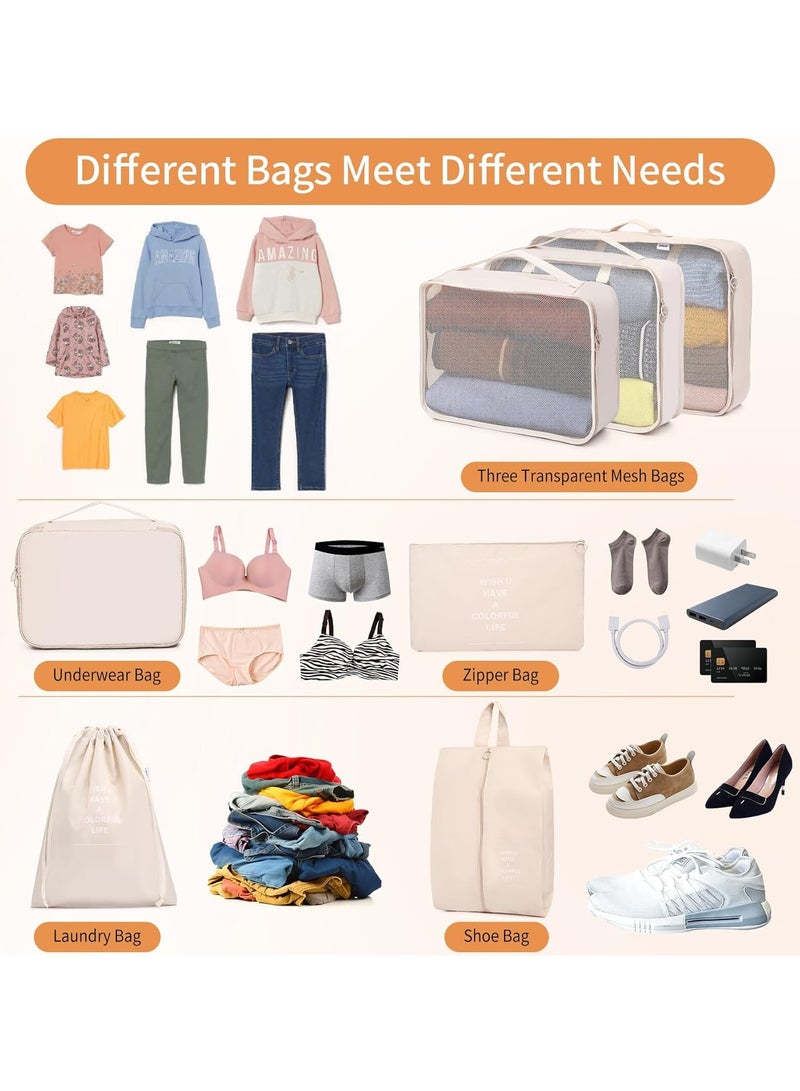 Luggage Organizer, Set of 7 Waterproof Packing Cubes Travel Organizer Bag Storage, Space Savers Bags Cosmetics/Underwear/Socks/Shoes Organizer Makeup Bags Organizer Packing Cubes with Shoe Bag for travel - Travel Set  (Beige) - Image 2
