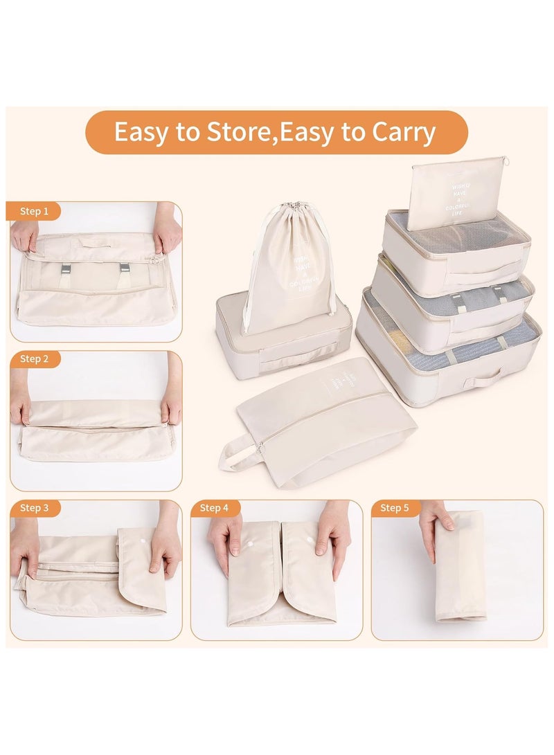 Luggage Organizer, Set of 7 Waterproof Packing Cubes Travel Organizer Bag Storage, Space Savers Bags Cosmetics/Underwear/Socks/Shoes Organizer Makeup Bags Organizer Packing Cubes with Shoe Bag for travel - Travel Set  (Beige) - Image 4