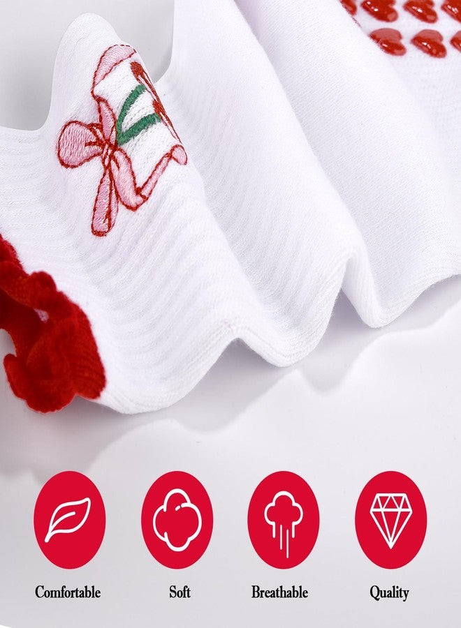 ايلير سايكل جوارب بيلاتس نسائية من إيترسايكل، جوارب يوغا مانعة للانزلاق بنمط تطريز لطيف، جوارب قطنية ناعمة مانعة للانزلاق مناسبة لتمارين الباليه والرقص، هدايا رياضية (كشكشة حمراء) - Image 3