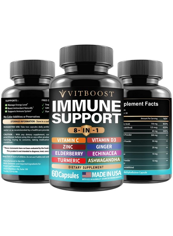 VITBOOST Elderberry Immune Support Supplement 8-in-1 Formula with Echinacea, Vitamin C & Zinc, Vitamin D 5000 IU, Turmeric, Ginger, Ashwagandha - 60 Capsules - Image 2