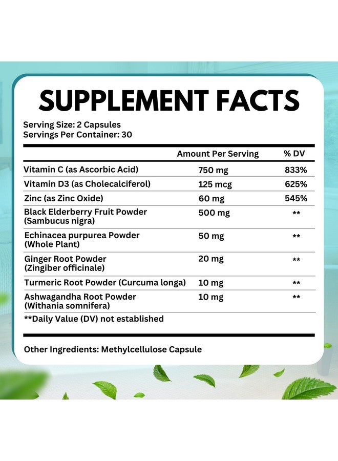 VITBOOST Elderberry Immune Support Supplement 8-in-1 Formula with Echinacea, Vitamin C & Zinc, Vitamin D 5000 IU, Turmeric, Ginger, Ashwagandha - 60 Capsules - Image 3